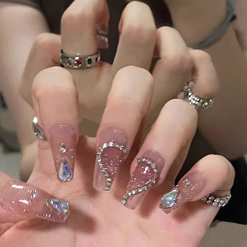 爱在西元前琉璃水滴爱心链温柔气质假指甲纯手工美甲穿戴甲光疗甲