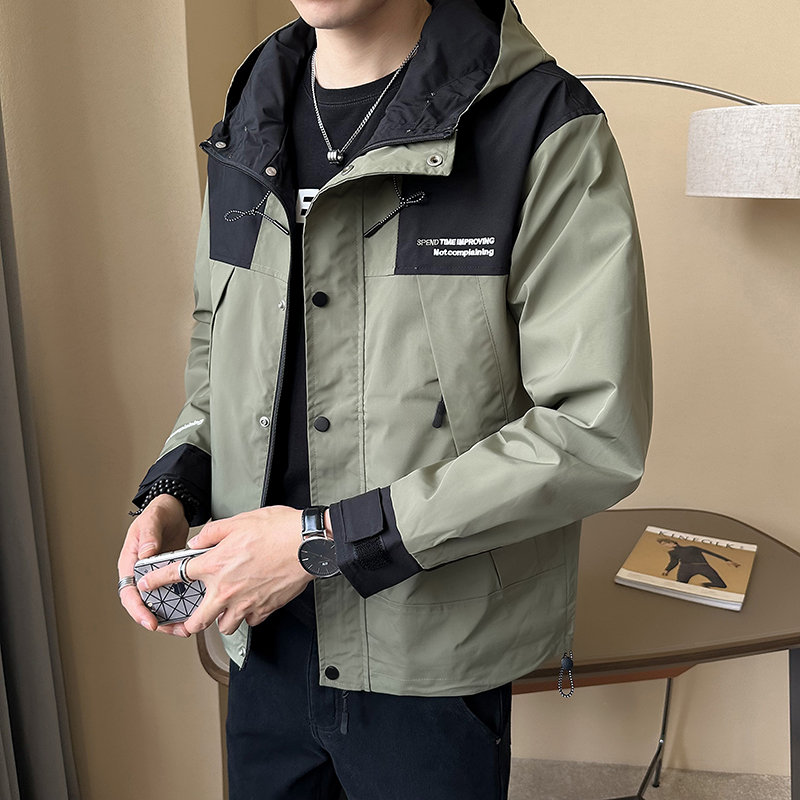 秋装新款男士拼接工装夹克外套潮流韩版连帽休闲百搭上衣男
