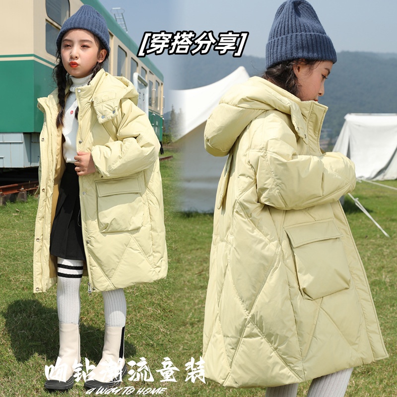 儿童中大童白鸭绒童装时尚连帽冬季羽绒服洋气宽松保暖加厚中长款