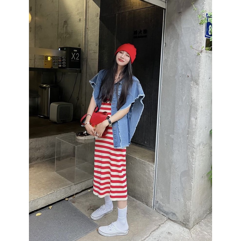港味韩版撞色条纹背心连衣裙女夏季新款显瘦开叉裙子马甲两件套装