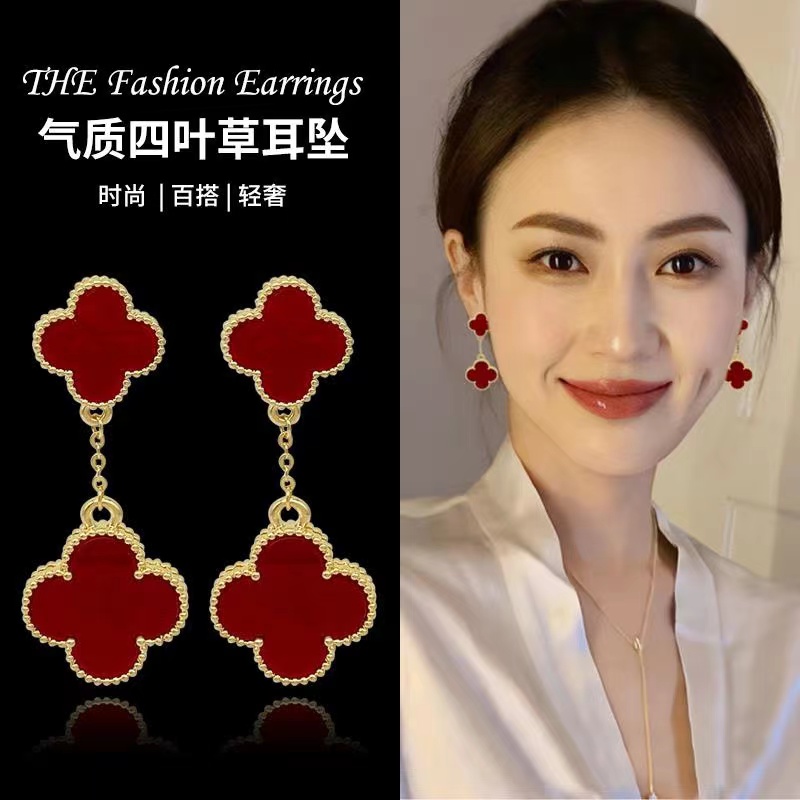 轻奢时尚高级感复古红经典五花流苏镶钻气质耳环A301
