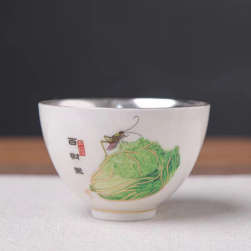 百财杯鎏银茶杯主人杯单杯个人专用品茗大号茶盏功夫茶具陶瓷