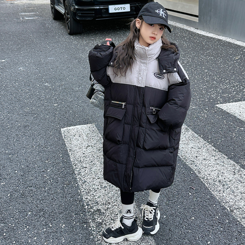 女童过膝长款棉衣2023冬季新款拼接连帽中大童保暖棉袄韩版棉服潮