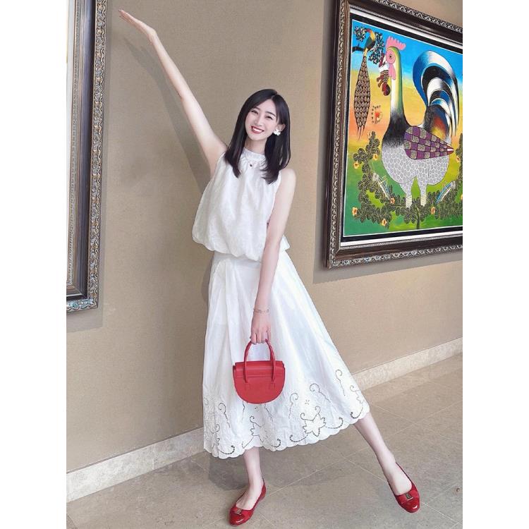 清纯甜美白色无袖百搭上衣a字裙气质洋气半身裙女2024新款夏季