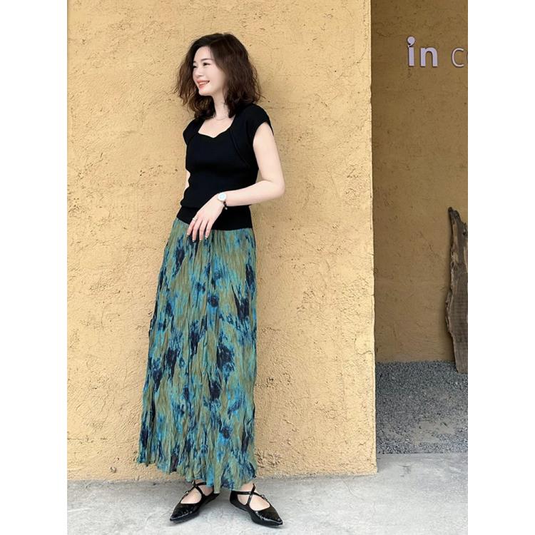 夏季爆款小个子梨形身材设计感小众绿色碎花半身长裙女装显瘦上衣
