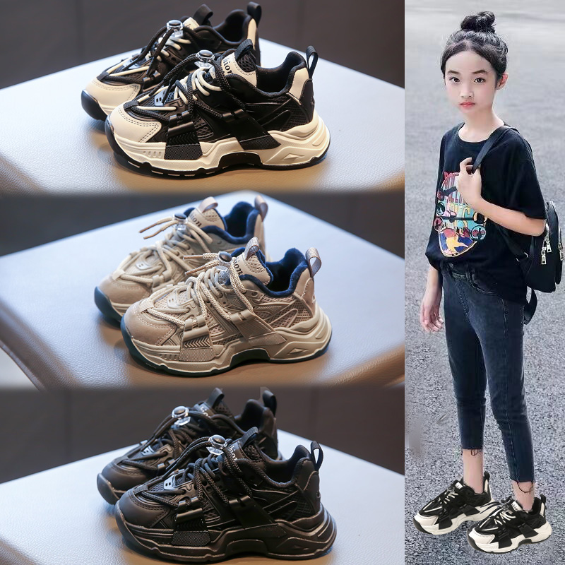 回力瑞女童老爹鞋2024新款春秋中大童运动鞋防滑软底透气黑色男童
