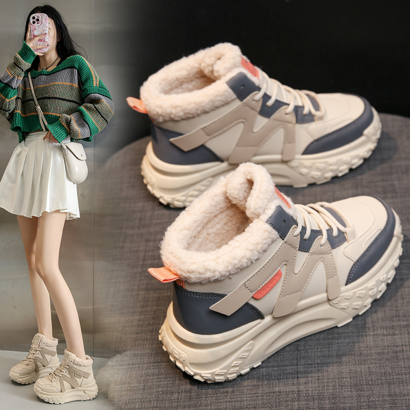 2023全皮面雪地靴韩版加绒鞋女冬款时尚休闲高帮女鞋百搭潮流