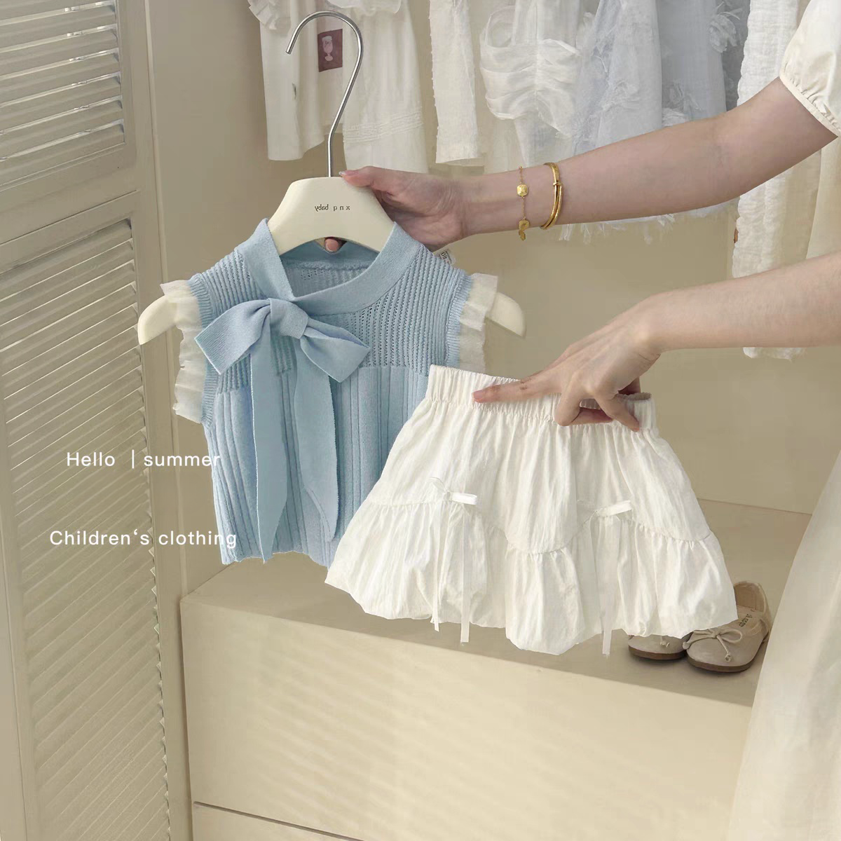 女童夏季套装2024新款洋气儿童蝴蝶结针织背心上衣花苞裙两件套潮