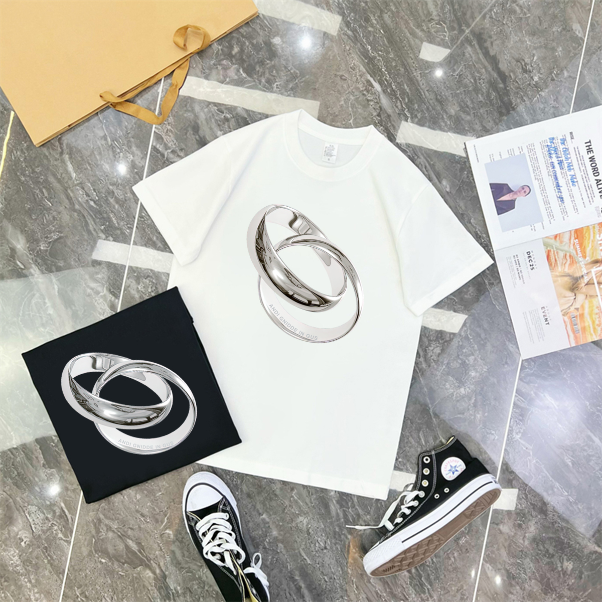重磅纯棉短袖t恤戒指印花休闲宽松情侣半袖圆领百搭潮流上衣男705