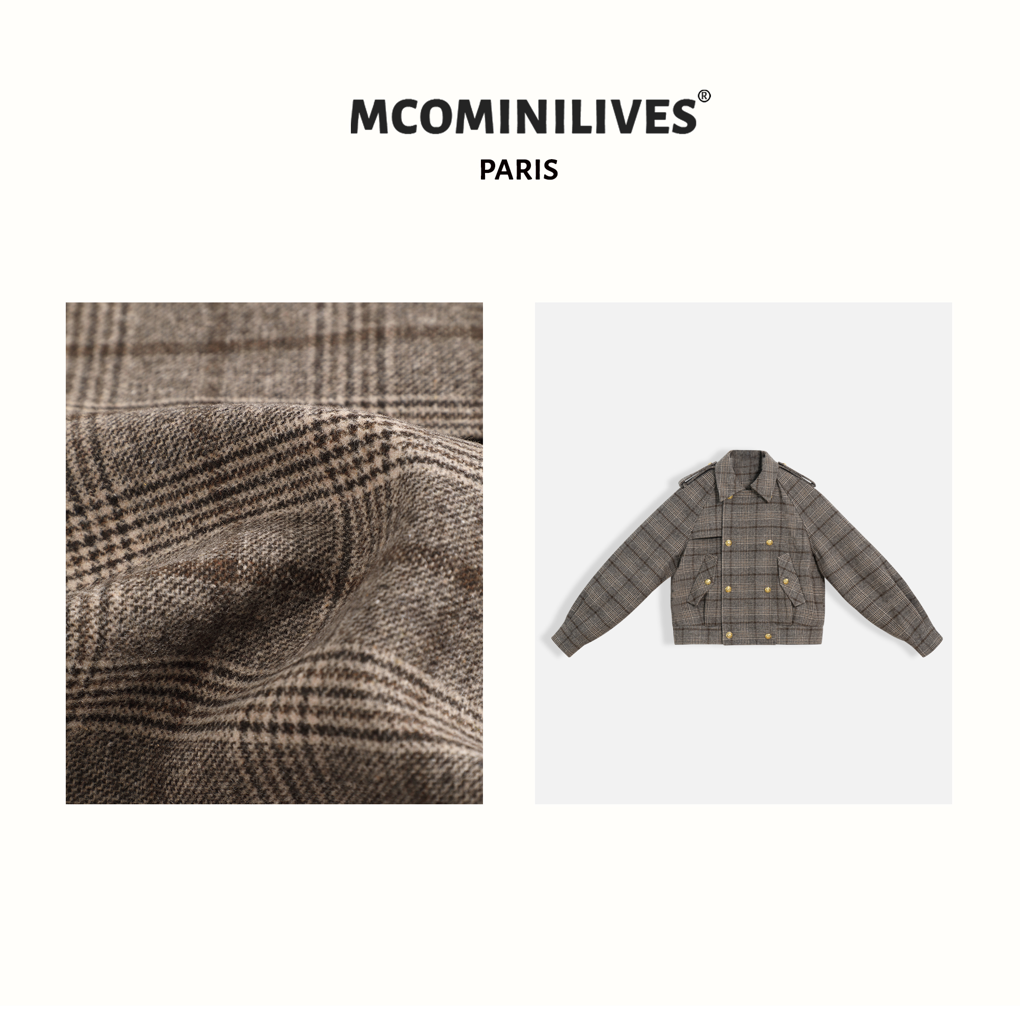 彬彬&SALOME【晚来秋意】绵羊毛卡其格纹纽扣点缀翻领短款外套