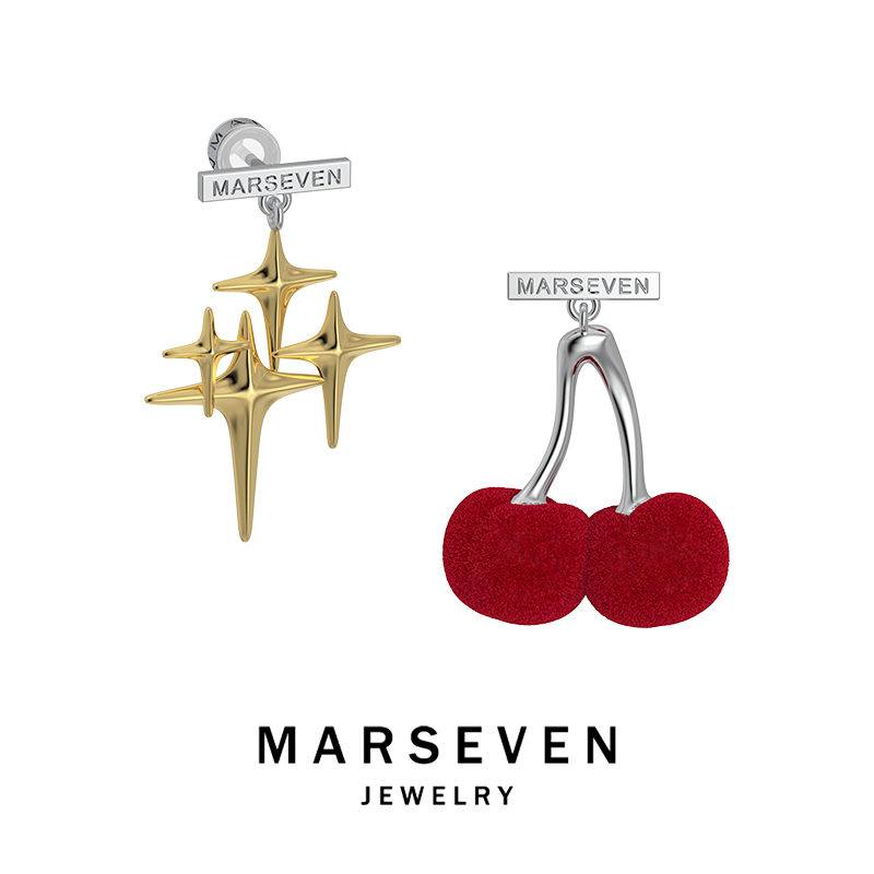 MARSEVEN 925银耳饰 闪光派对系列标签星星樱桃耳钉银耳饰