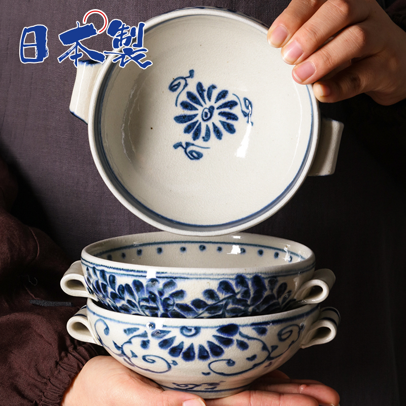 日本进口宗山窑陶瓷汤碗饭碗早餐双耳面碗手绘小复古家用碗甜品碗