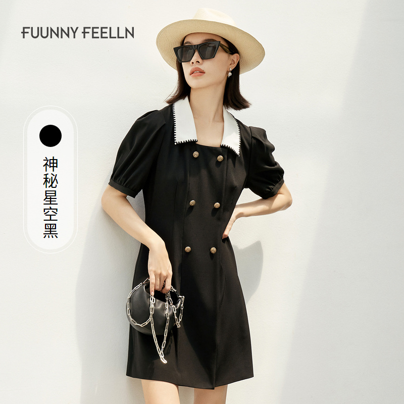 商场同款FF||仿佛夏季泡泡袖连衣裙黑色显瘦舒适收腰时尚FF01132