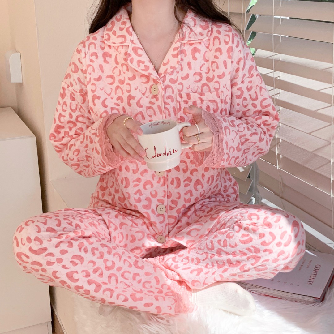 【春秋冬-粉色豹纹】月子服9-12月厚款孕妇产后纯棉哺乳衣空气棉