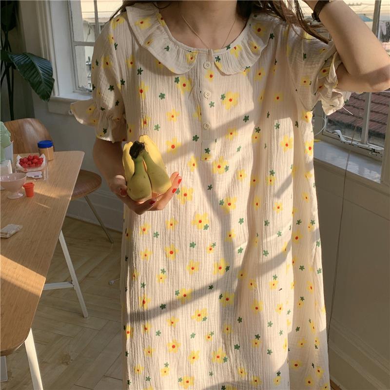 2020年新款夏季双层棉纱睡衣女甜美小花朵公主风短袖纯棉睡裙长款
