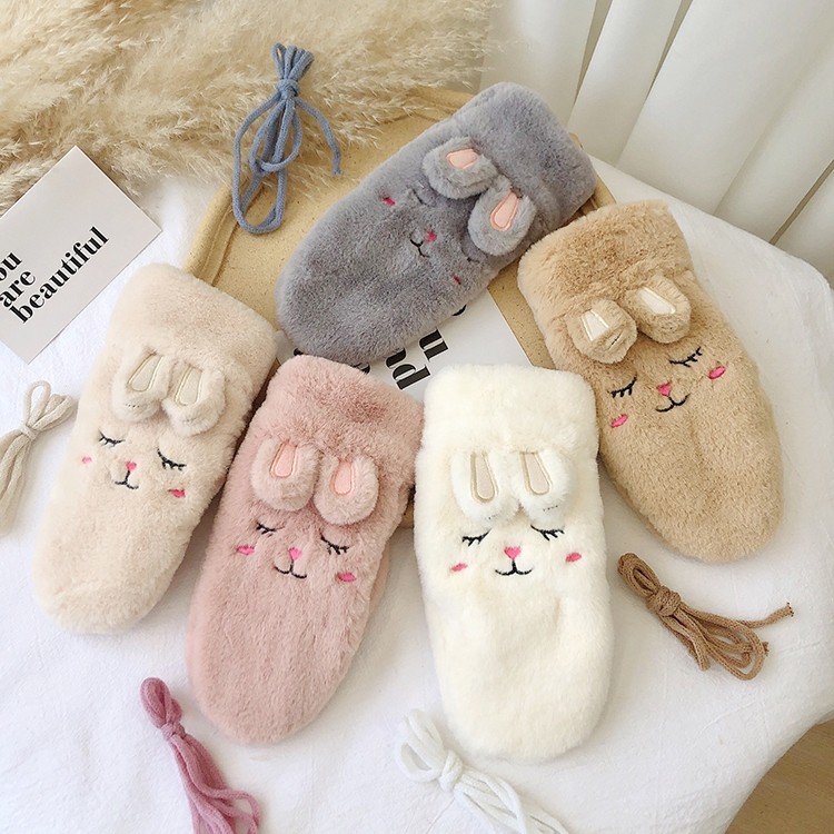 【新品优选】韩版挂绳毛绒手套女冬季甜美可爱小兔子加绒内胆绒