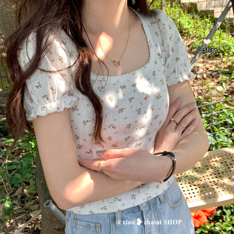 法式方领碎花短袖t恤女2022年新款纯棉设计感小众修身短款上衣潮