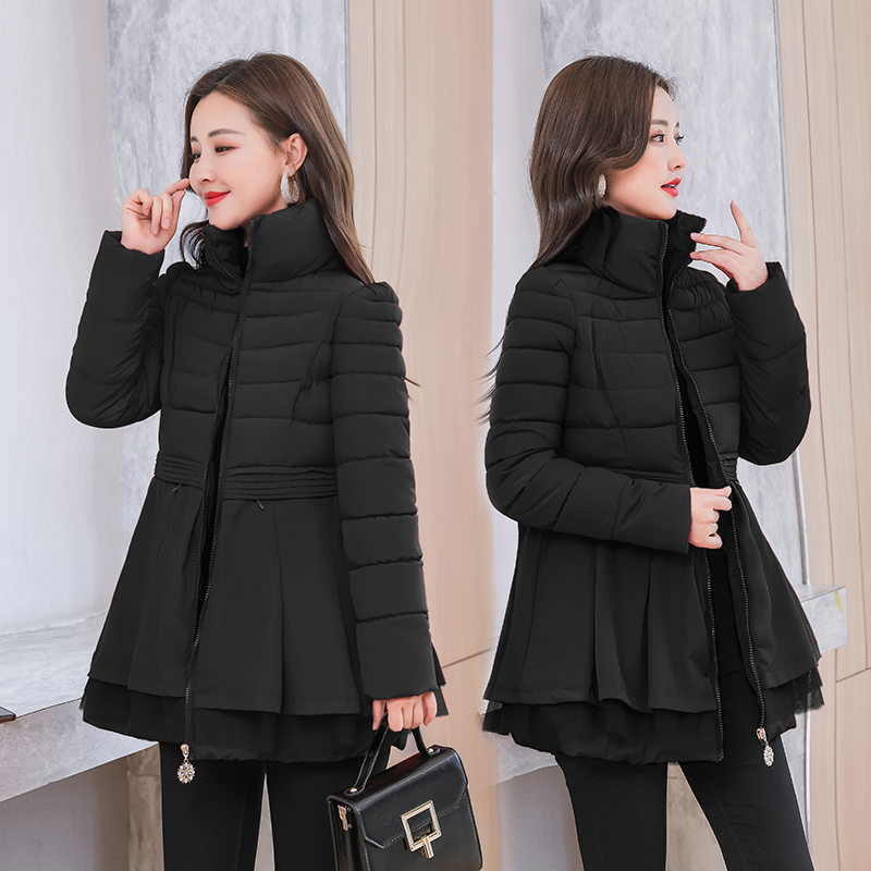 棉衣女短款2022年冬季新款大码修身蕾丝欧根纱棉服外套加厚袄子