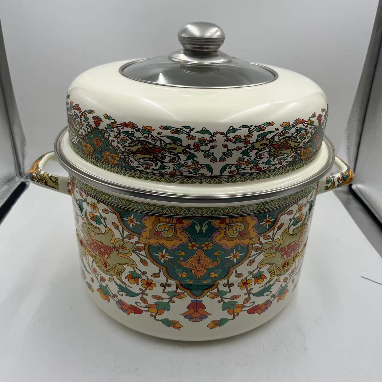 34cm【俄罗斯】搪瓷双层蒸锅可视盖搪瓷盖子加厚蒸锅【高定款】