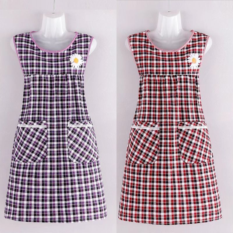 小清新时尚棉布坎肩式围裙上班家用厨房新款透气格子花边围腰防水