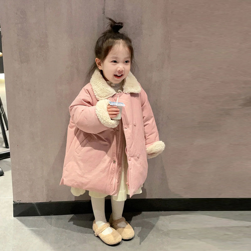 韩版童装女童棉服秋冬季新款小女孩加绒加厚保暖中长款外套棉内胆