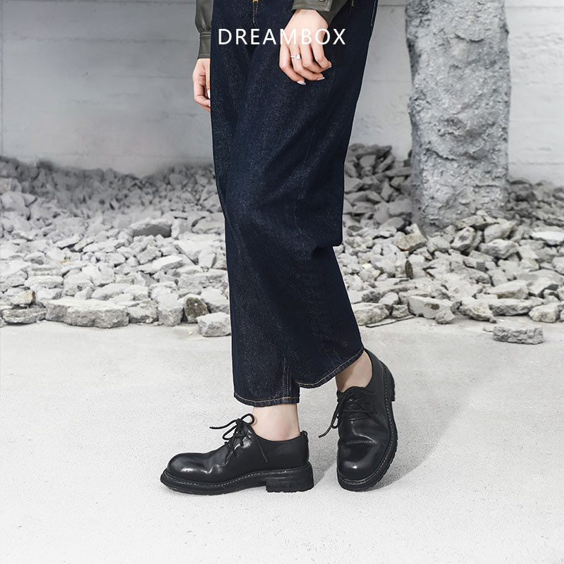 dreambox钧博潮酷马皮休闲皮鞋粗跟厚底防滑手工英伦风单鞋女潮鞋