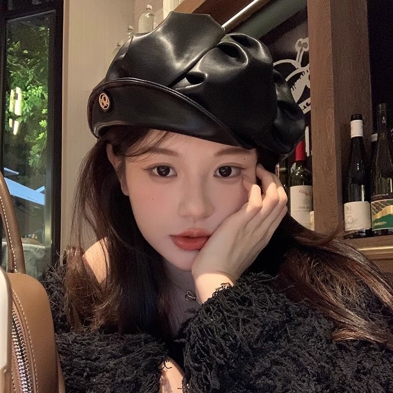 黑色皮质云朵贝雷帽女显气质时尚韩版画家帽网红款街拍皱褶八角帽