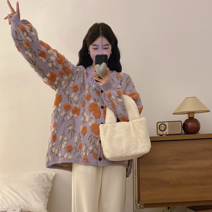 孕妇秋衣秋裤套装设计感百搭慵懒风毛衣外套植绒复古针织衫开衫
