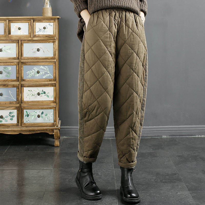 轻薄棉裤条绒拼接菱格夹棉哈伦裤女冬季外穿保暖加厚外穿棉裤女