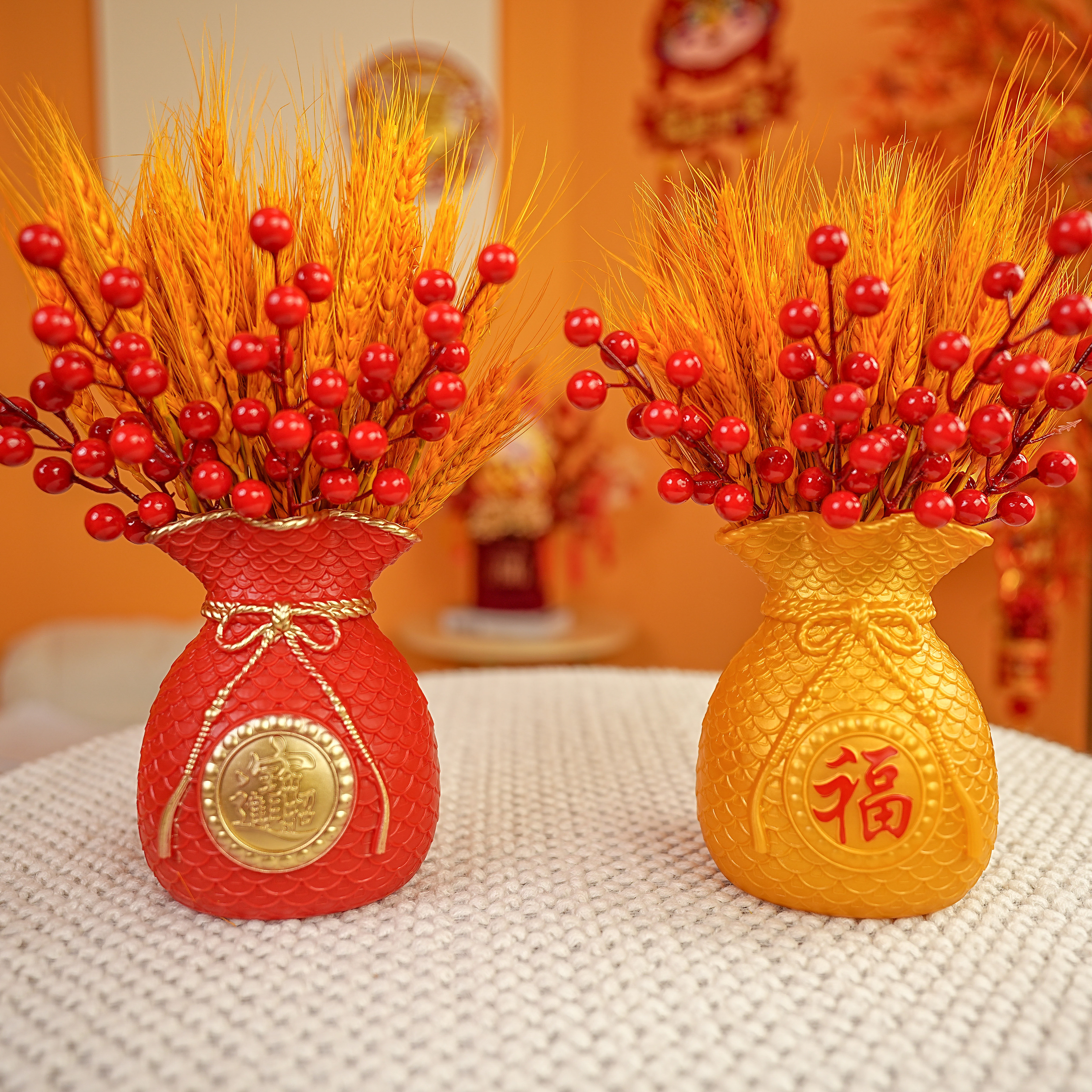 新金色麦穗福袋花瓶摆件大麦插花装饰品乔迁结婚喜庆春节室内摆件