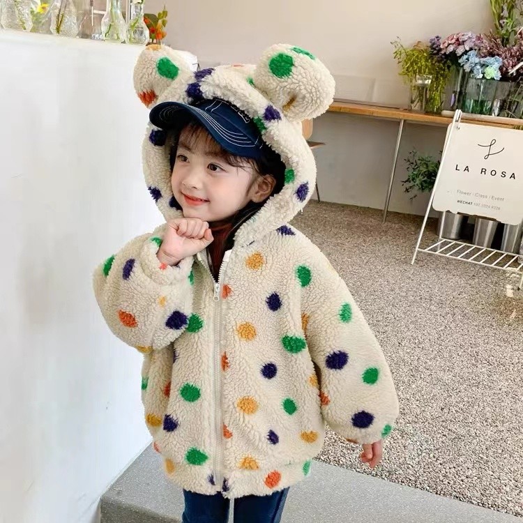 G【现货福丽】婴儿彩色圆点连帽外套男女宝冬装加厚保暖超萌上衣WX