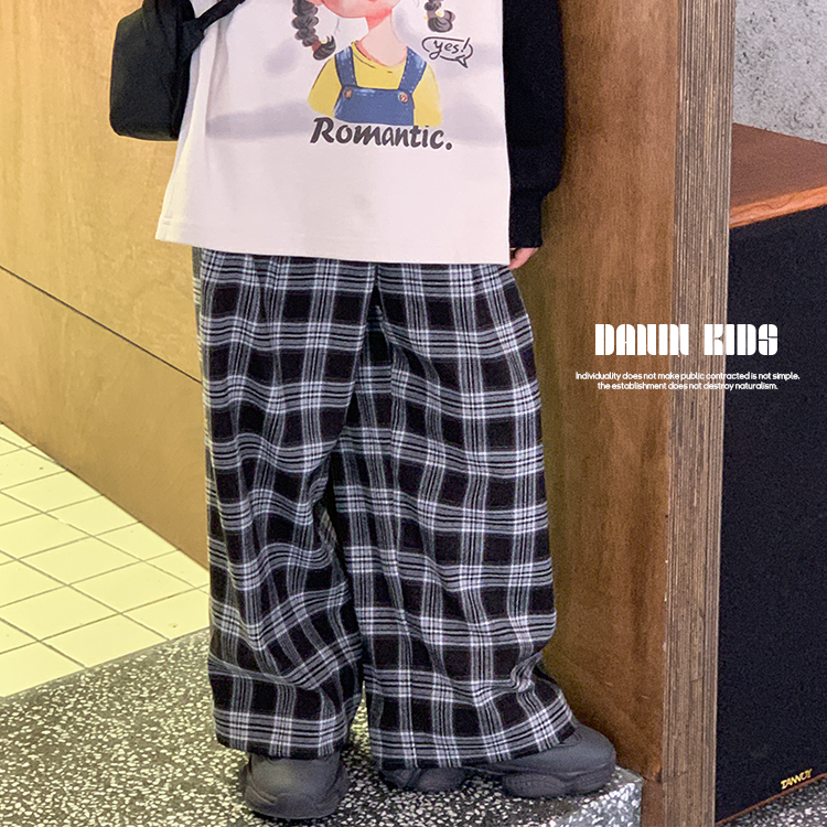 【嗒囜】238238 男女童秋冬韩版黑白格纹裤中大童休闲阔腿宽松裤子