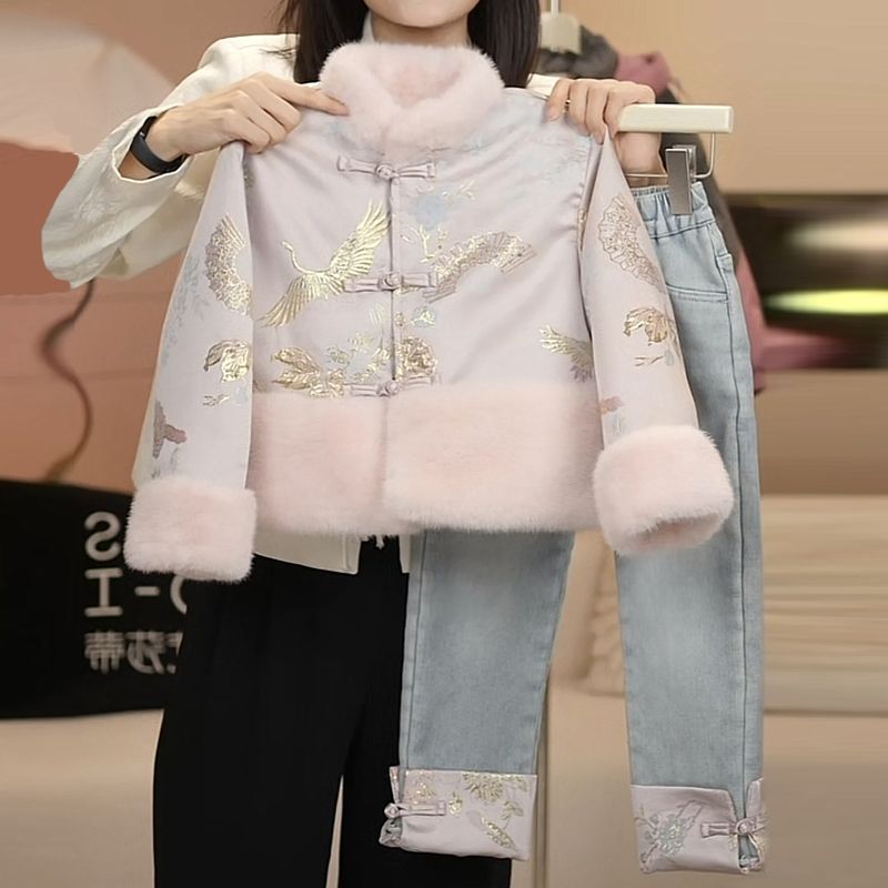 女童中国风套装冬季新款加绒加厚唐装拜年服洋气牛仔裤两件套中式