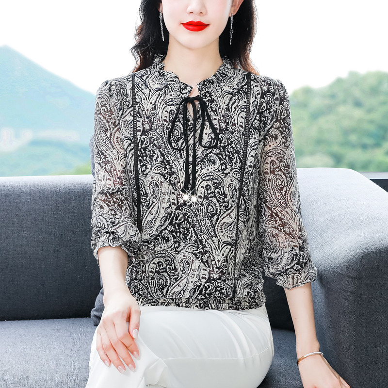 2023年新款秋季女装时尚碎花雪纺衫女长袖遮肚百搭显瘦上衣9160