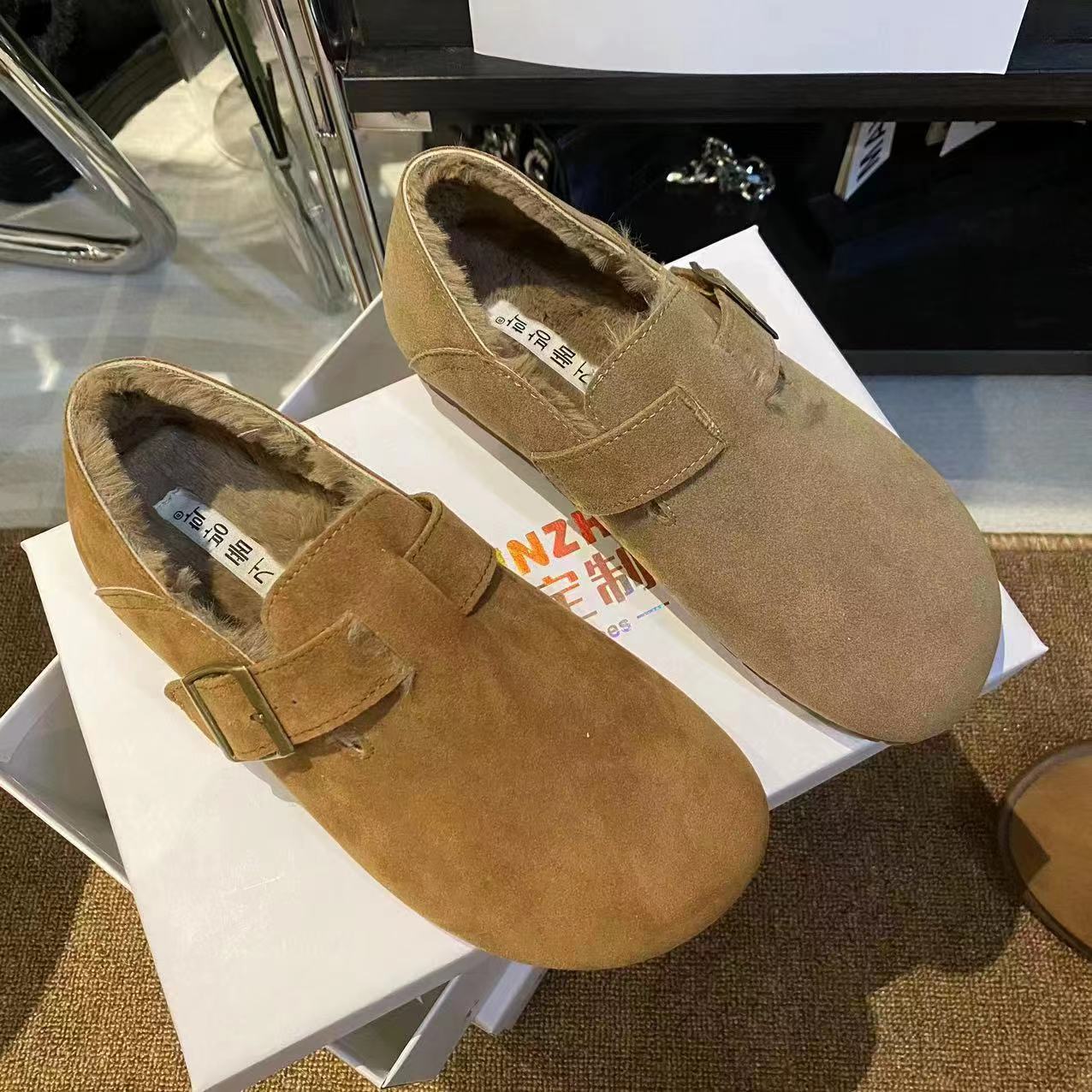 【勃肯鞋】丑萌大头单鞋女冬季复古磨砂软底棉鞋加绒勃肯毛毛鞋