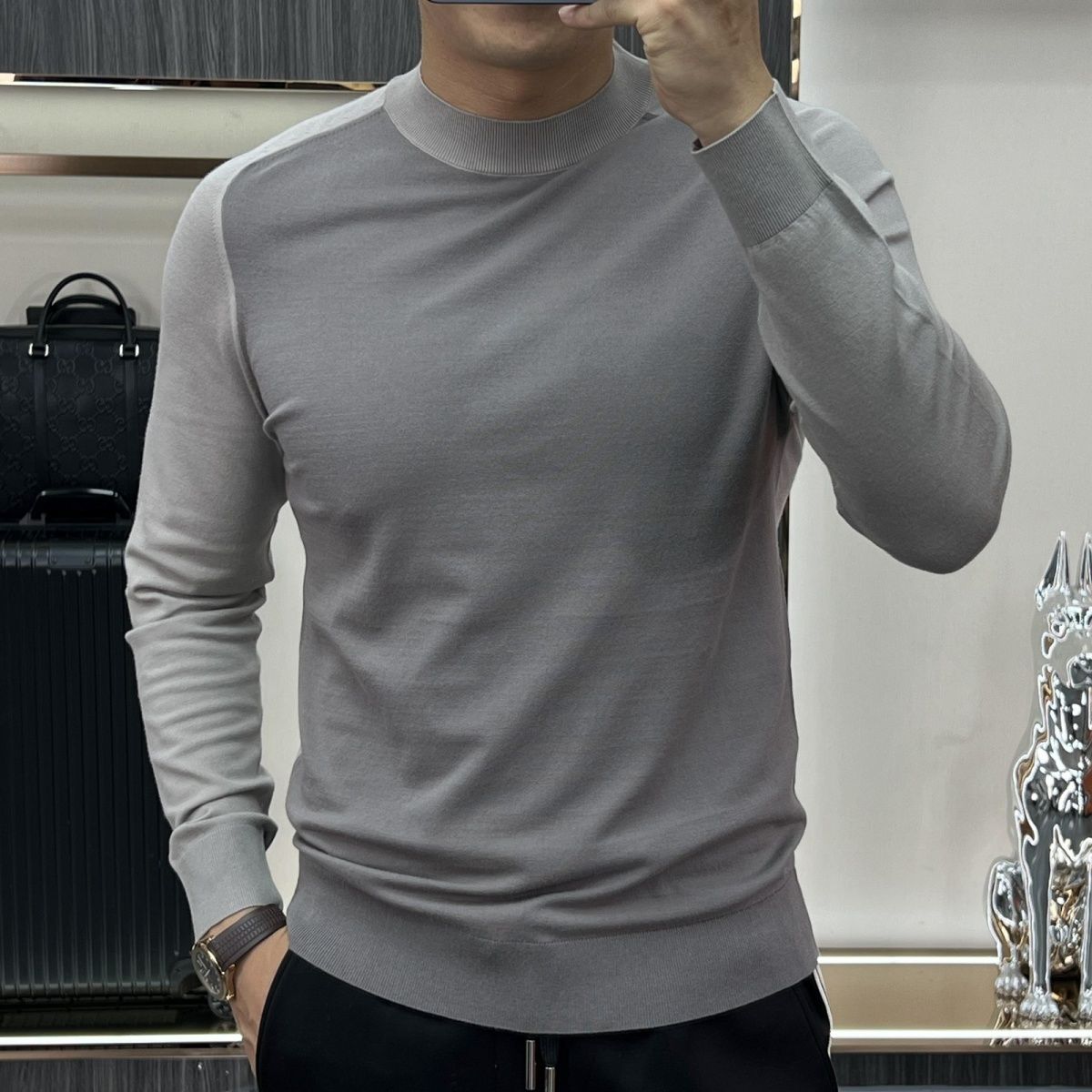 秋冬新款高档男士长袖针织衫休闲修身拼色圆领插肩袖百搭打底毛衣