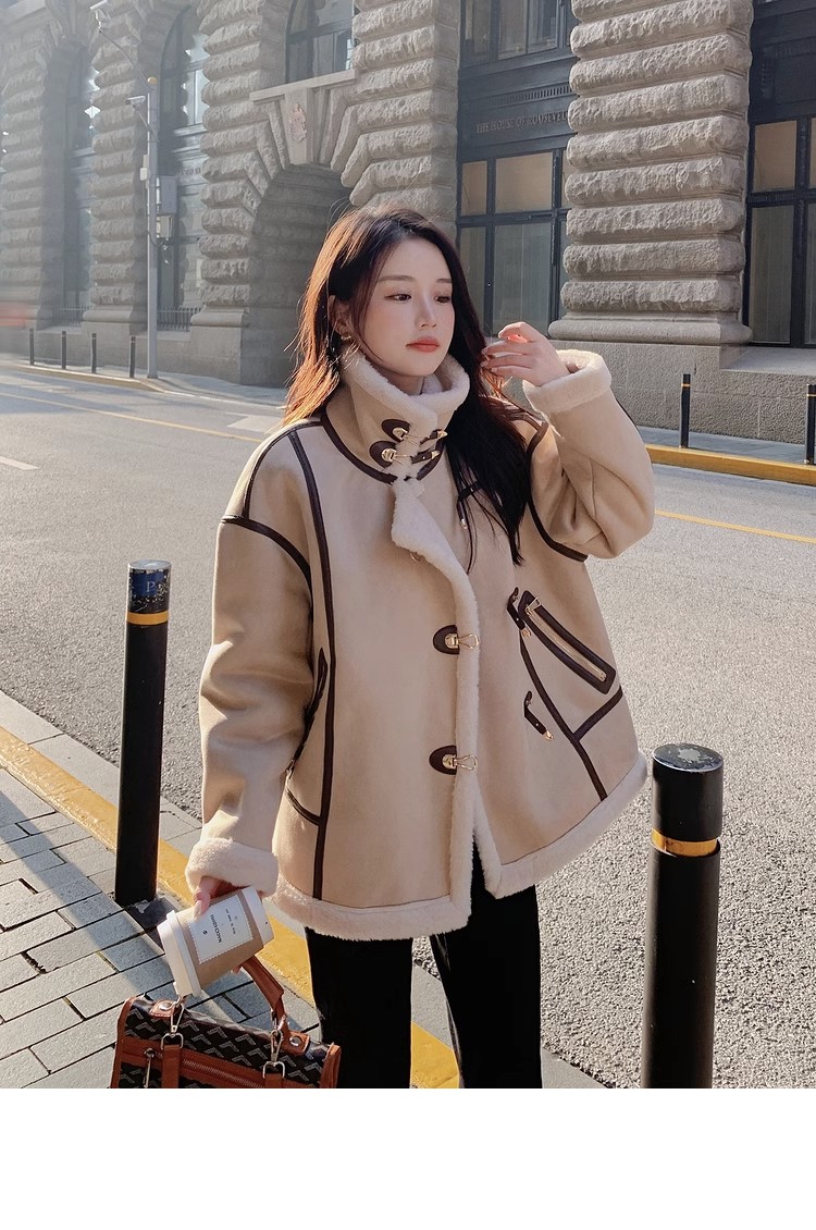 韩风chic羊羔毛绒外套女秋冬2023新款流行机车服加绒棉服皮毛一体
