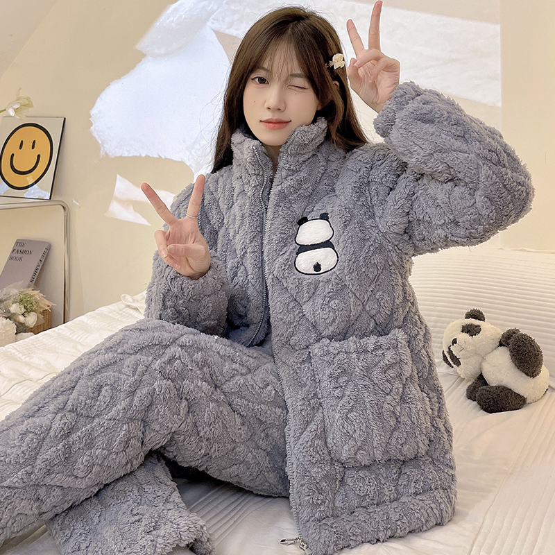 秋冬季2023新款加厚加绒可外出睡衣女生三层夹棉超厚少女家居服