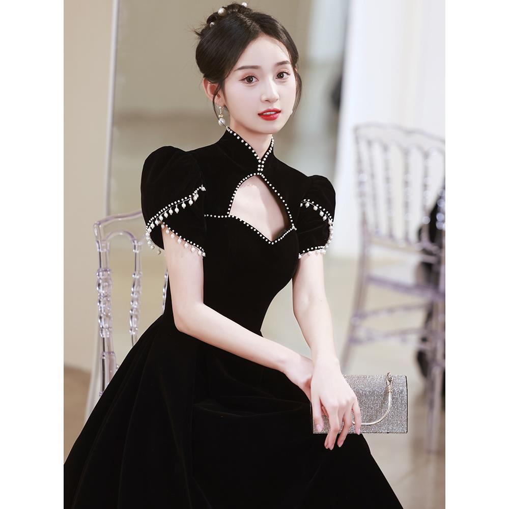 黑色晚礼服裙轻奢小众高端2023新款中式立领宴会高级感订婚礼服女