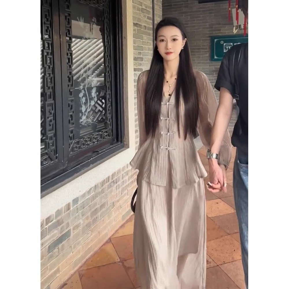 新中式女装轻国风套装清冷感禅意茶服烟云灰连衣裙女