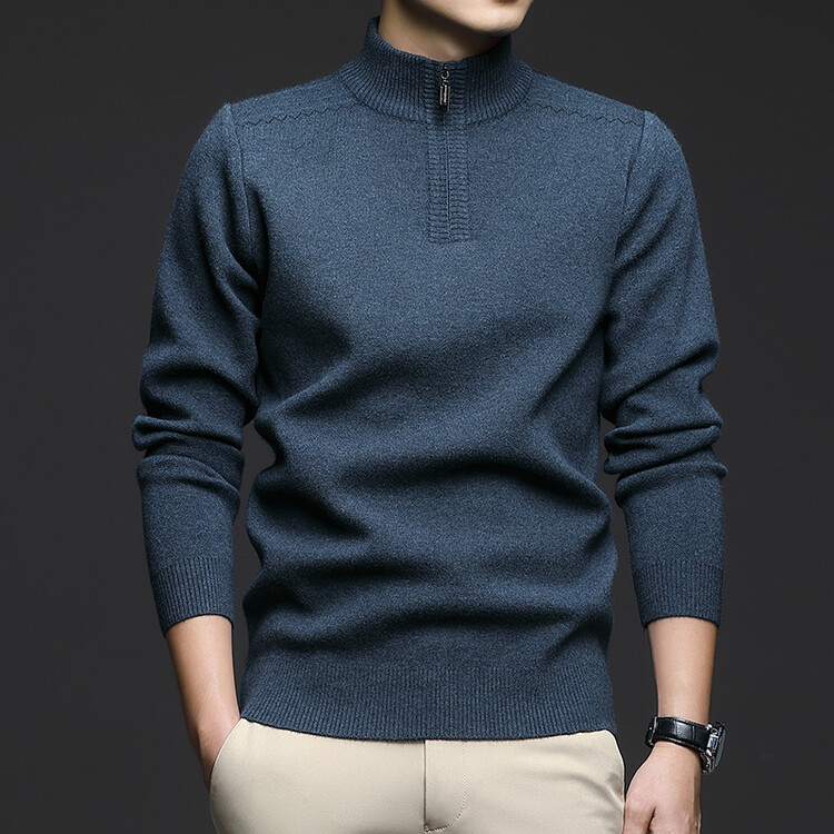 半高领拉链羊毛衫鄂尔多斯市男士100%纯羊毛衫加厚中老年针织毛衣