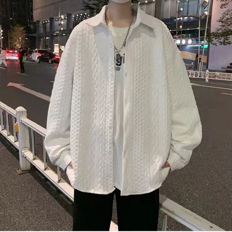 痞帅华夫格长袖衬衫男士ins港风外套男春秋款宽松潮流休闲上衣服