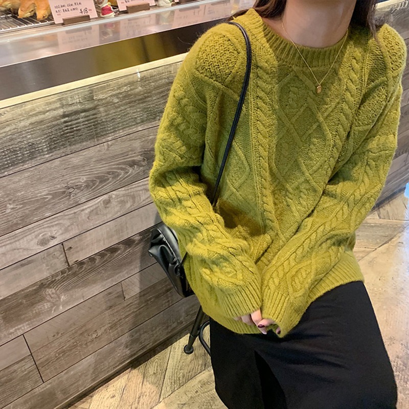 韩版学生麻花套头毛衣女秋冬2022年新款宽松圆领加厚针织衫FF-25
