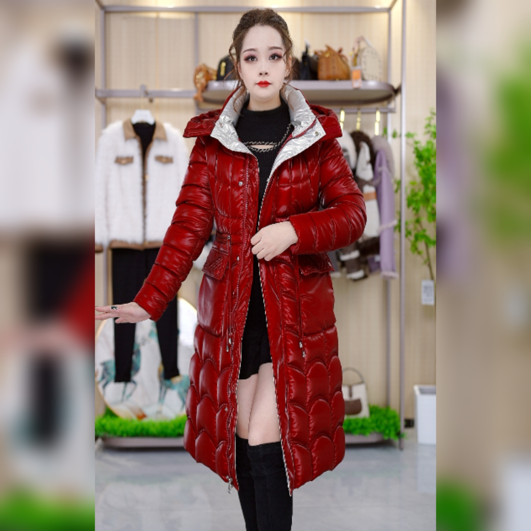 冬季亮面外套女款高档显瘦气质长款保暖棉服棉袄8868#