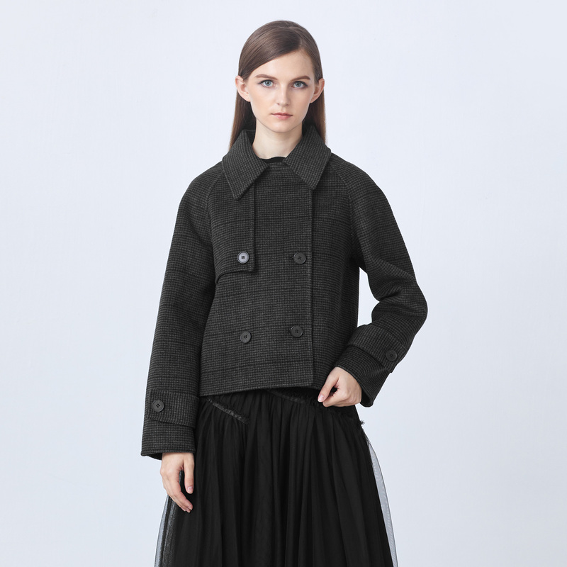 【大叔专享】圣迪奥翻领双排扣撞色格纹毛呢短款外套S21462217