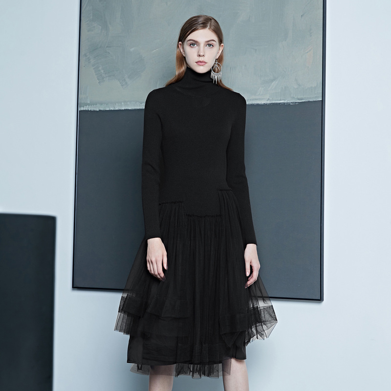 【大叔专享】圣迪奥高领网纱拼接黑色长款针织衫S20463507