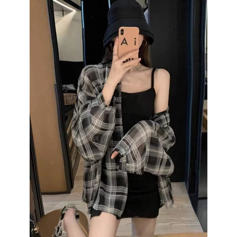夏季薄款格子衬衫外套女装设计感小众拼接宽松遮肚子显瘦防晒开衫