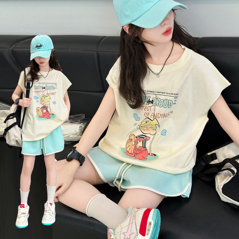 女童夏装套装2024新款女孩网红洋气时髦短袖儿童装夏季短裤两件套