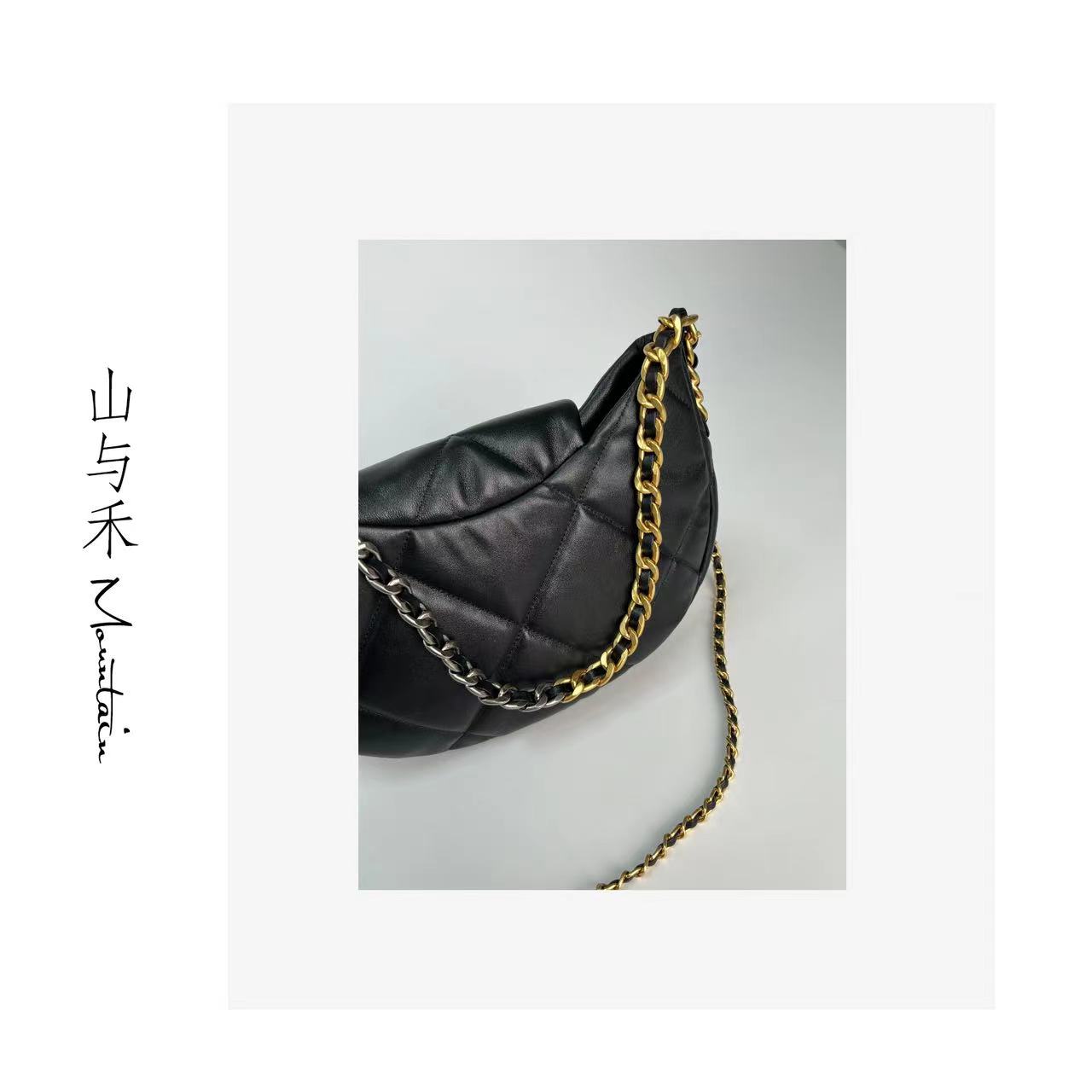羊皮菱格链条月牙包单肩斜挎包SH901