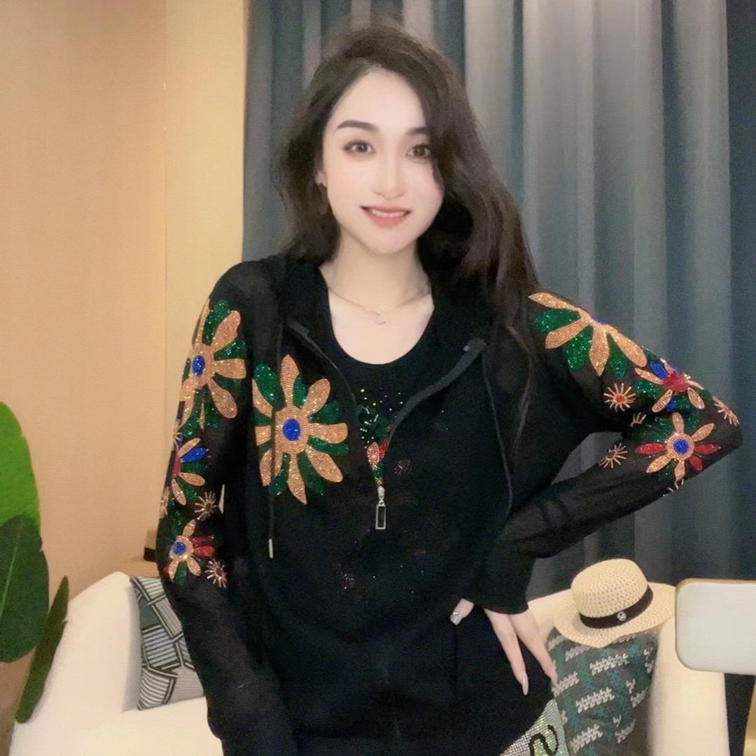 丽丽家  花朵重工烫钻网纱时尚休闲开衫